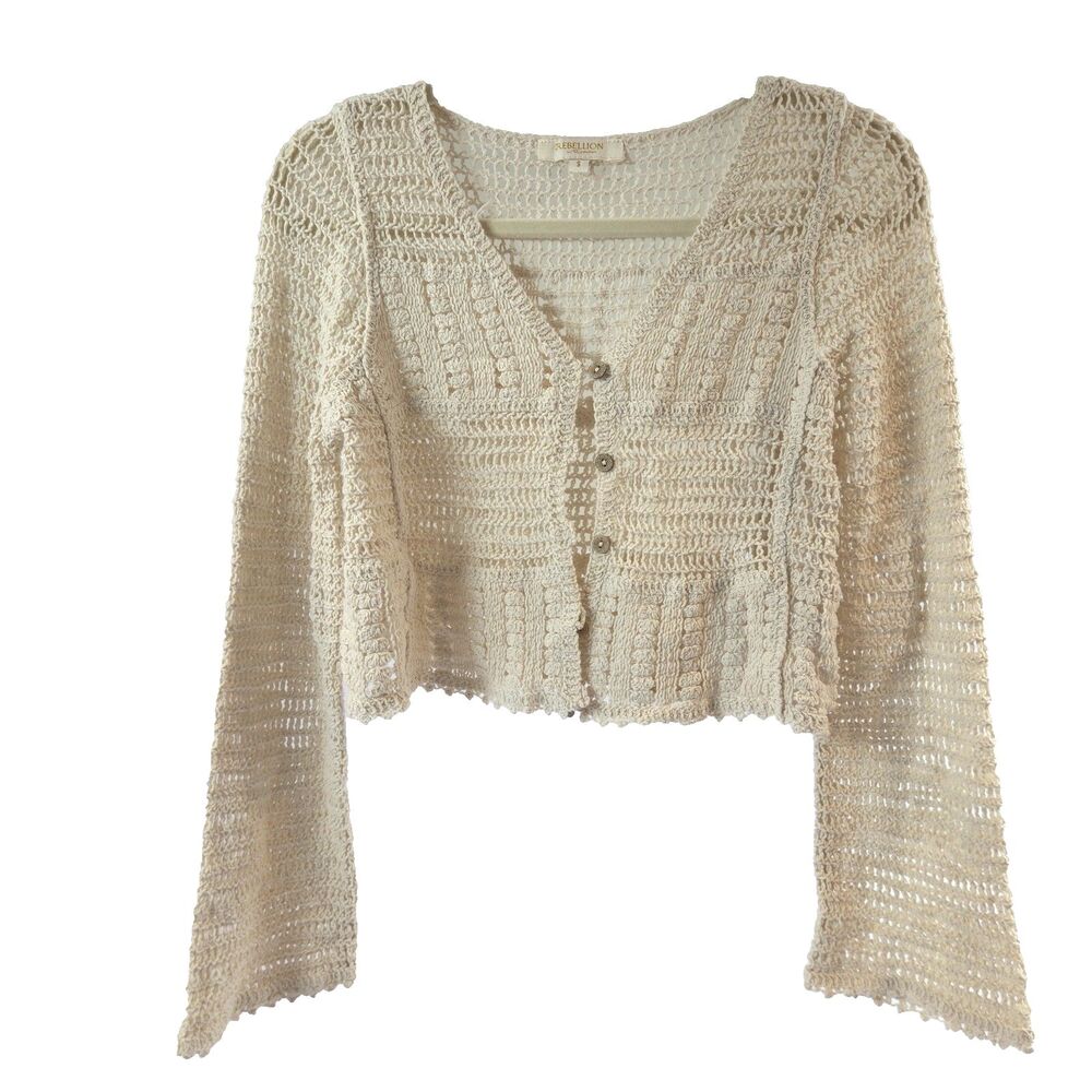 Rebellion Again S Crochet Button up Cardigan Tan Boho Cottage Fairy Coquette